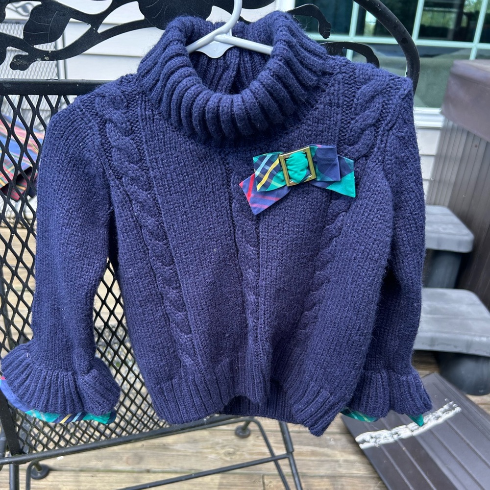 Janie and Jack Cable Knit Sweater with Plaid and Bow Accent